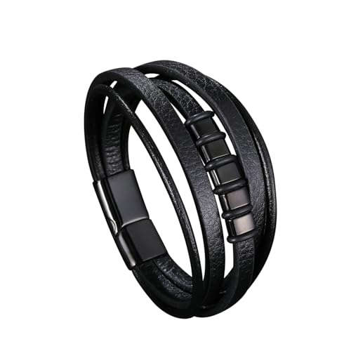 Daesar Lederarmband Herren Schwarz 20.5CM, Charm Armbänder Mehrschichtig mit Geometrie Breit 12MM Edelstahl Magnetverschluss Partner Armband Personalisiert von Daesar