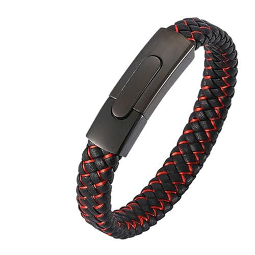 Daesar Lederarmband Herren mit Druckknopfverschluss, Charm Armbänder Leder Geflochten mit Rot Gestreift Partnerarmband Edelstahl Armband Schwarz Rot Leder 20.5CM von Daesar