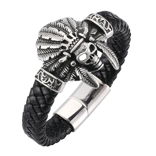 Daesar Lederarmband Herren mit Magnetverschluss, Charm Armbänder Leder Indianer Totenkopf Partnerarmband Edelstahl Armband Schwarz Leder 16.5CM von Daesar