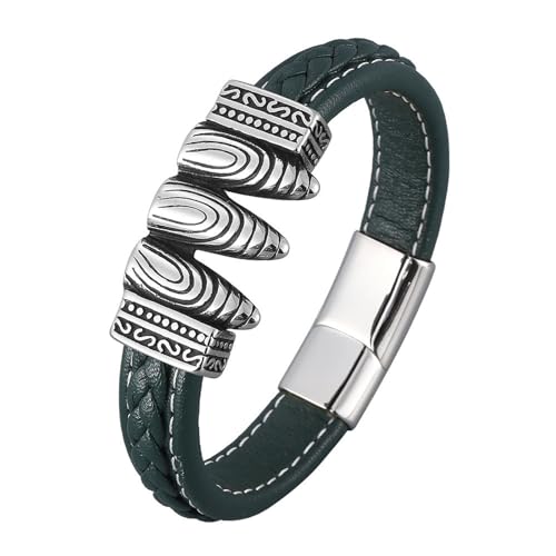 Daesar Lederarmband Herren mit Magnetverschluss, Charm Armbänder Leder mit Vintage Geometrie Partnerarmband Edelstahl Armband Grün Leder 18.5CM von Daesar