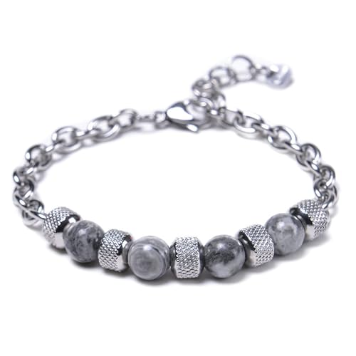 Daesar Männer Armbänder 19-21CM, Perlenarmband Herren 8MM mit Grau Achat Charm Armbänder Perlen Verstellbar von Daesar
