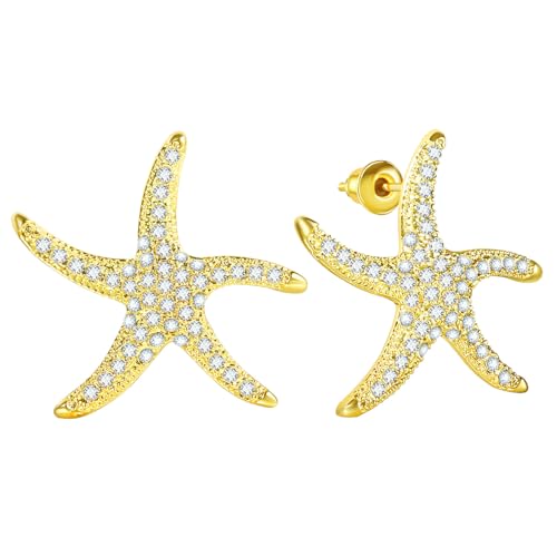 Daesar Ohrstecker Seestern Silber 925 Vergoldet, Damen Ohrringe Seestern mit Zirkonia Ohrstecker Mädchen Kinder Ohrschmuck Gold von Daesar