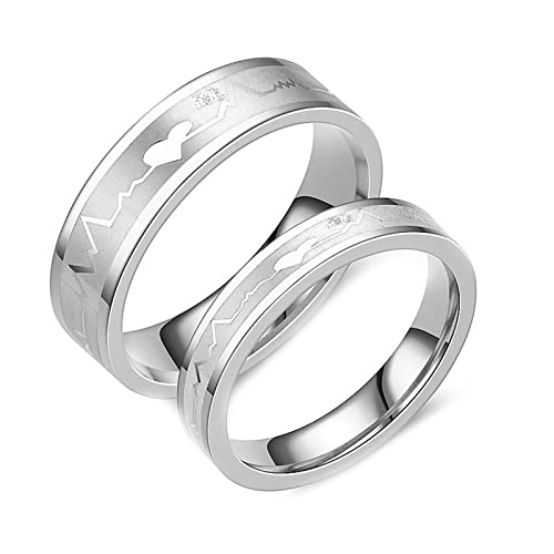 Daesar Paar Ringe Edelstahl, Eheringe Silber ohne Stein Elektrokardiogramm Bandringe Partnerringe für 2 Damen Gr.52 (16.6) & Herren Gr.65 (20.7) von Daesar