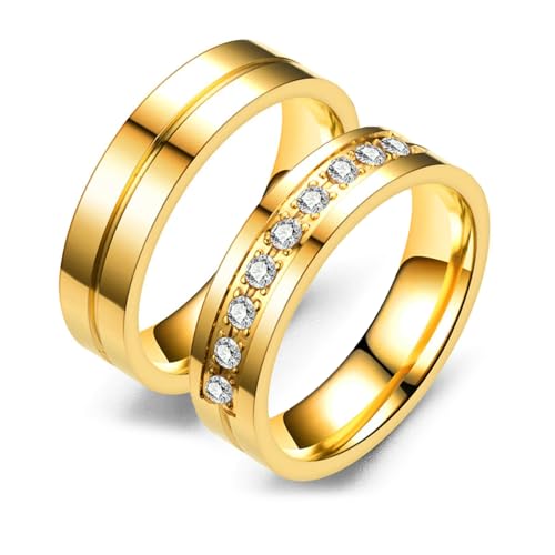 Daesar Paar Ringe für Sie und Ihn Set mit Gravur, Verlobung Ringe Edelstahl 6MM mit Zirkonia Hochglanzpoliert Partnerringe Personalisiert Gold Damen Gr.70 (22.3)& Herren Gr.67 (21.3) von Daesar