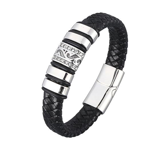 Daesar Partnerarmband Leder 16.5CM, Leder Armbänder Herren Filigran mit Zirkonia 12MM Edelstahl Magnetverschluss Lederarmband Personalisiert Schwarz von Daesar