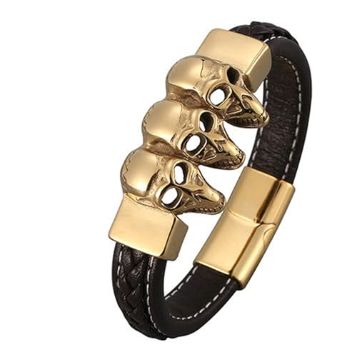 Daesar Partnerarmband Leder Braun, Herren Lederarmband Totenköpfe Schädel 12MM mit Magnetverschluss Wickelarmband Freundschaftsarmband 21 CM von Daesar