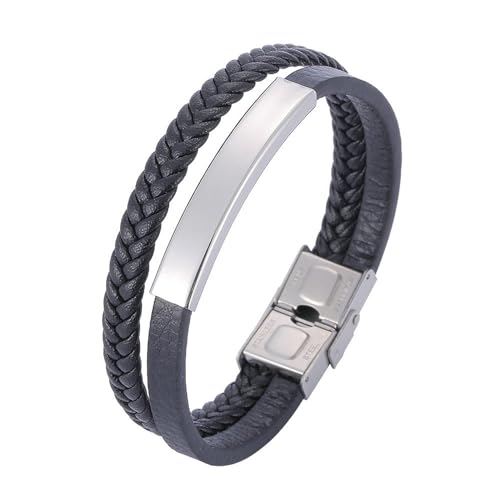 Daesar Partnerarmband Leder Schwarz, Herren Lederarmband 2-Layer Geflochten mit Schild 12MM Edelstahl Sicherheitsverschluss Wickelarmband Freundschaftsarmband 21 CM von Daesar