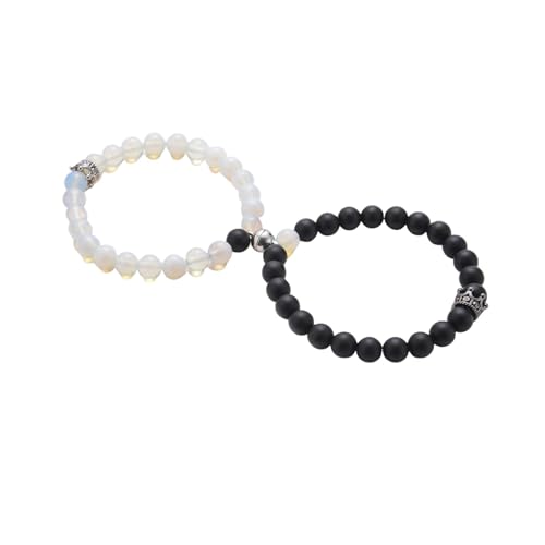 Daesar Perlen Armbänder Set, Perlenarmband Herren Damen 8MM Opal und Schwarz Matt Achat mit Magnet Anhänger Charm Partner Armbänder 2 Set 17-21CM von Daesar