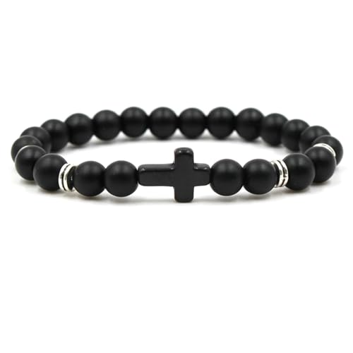 Daesar Perlen Armbänder für Männer, Armband Herren 19CM Charm 8MM Schwarz Achat mit Schwarz Kreuz Perlenarmband Chakra Personalisiert von Daesar