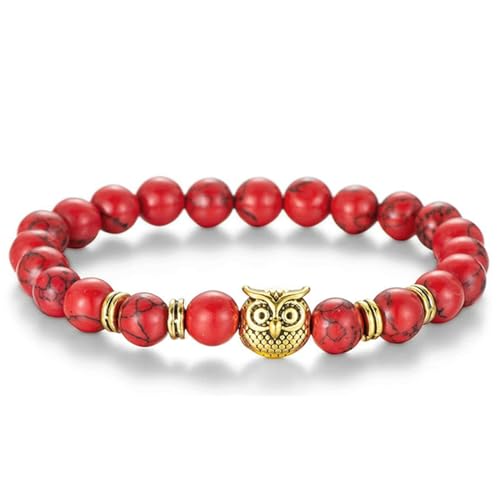 Daesar Perlen Armbänder für Paar, Perlenarmband Herren Damen 8MM Rot Türkis mit Eule Charm Partner Armbänder 2 Set 18-29CM von Daesar