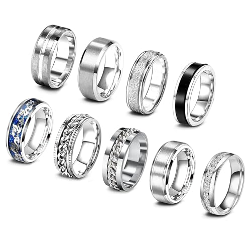 Daesar Ringe Edelstahl Herren, Ring Set Silber 8MM Drehbar mit Kette und Zirkonia Partnerringe Personalisiert Freundschaftsringe 9er Set Gr.62 (19.7) von Daesar