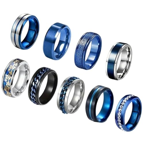 Daesar Ringe Set Edelstahl Blau, Herren Ringe Personalisiert 8MM Drehbar mit Kette und Zirkonia Partnerringe Freundschaftsringe 9er Set Größe 60 (19.1) von Daesar