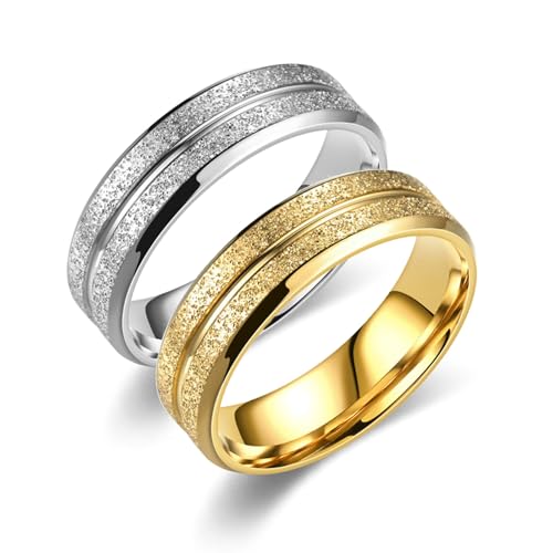 Daesar Ringe Verlobung Set 2 Ringe, Edelstahl Ringe Damen Herren 6MM Matt mit Rille, Trauringe mit Gravur Partnerringe für Sie und Ihn Gold Gr.54 (17.2)& Silber Gr.54 (17.2) von Daesar