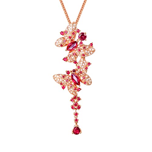 Daesar Rotgold Kette 585 Echtgold mit Anhänger, Halskette Damen 45 CM Schmetterlinge mit 1.08ct Rubin und Diamant Anhänger Kette Frauen Hochzeit Echtschmuck von Daesar