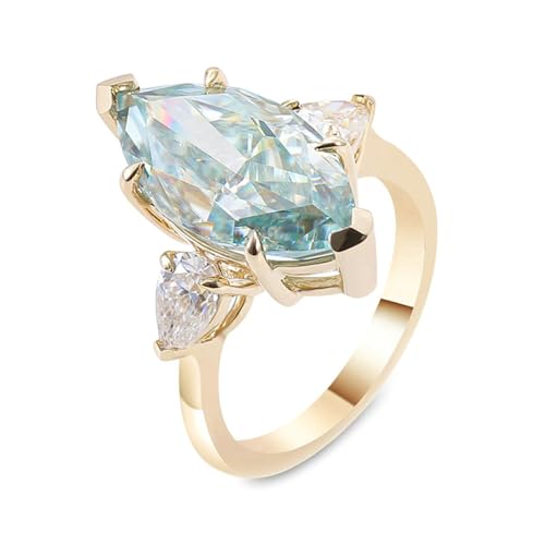 Daesar Trauring 375 Gold Damen Einzeln, Hochzeit Ringe 3 Steine mit 5ct Blaugrün Moissanit Verlobungsringe Frauen Ringe Nickelfrei Große 53 (16.9) von Daesar