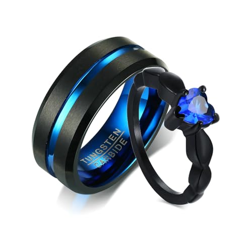 Daesar Trauringe Edelstahl Wolframcarbid Paarpreis mit Gravur, Pärchen Ringe Set mit Zirkonia und Rille Verlobungsringe Partnerringe Personalisiert für 2 Damen Gr.57 (18.1)& Herren Gr.67 (21.3) von Daesar