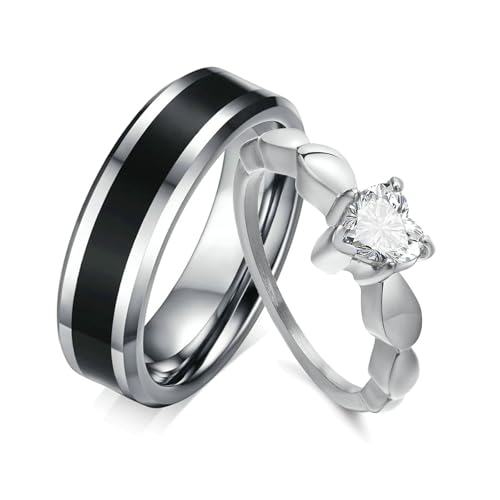 Daesar Trauringe Paarpreis, Hochzeitsringe Edelstahl Wolframcarbid Silber Herz Zirkonia und mit Email Eheringe Nickelfrei Partnerringe für Sie und Ihn Damen Gr.60 (19.1)& Herren Gr.67 (21.3) von Daesar