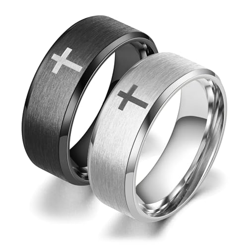 Daesar Verlobungsringe für Sie und Ihn, Edelstahl Ringe 8MM Matt mit Kreuz Hochzeitsringe Paar Ringe Set Silber Gr.52 (16.6)& Schwarz Gr.52 (16.6) von Daesar