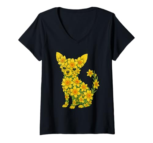 Damen Daffodil Chihuahua Dog Flower Gardening Floral T-Shirt mit V-Ausschnitt Damen Daffodil Chihuahua Dog Flower Gardening Floral T-Shirt mit V-Ausschnitt von Daffodil Dogs Lover Flower Gardening Apparel