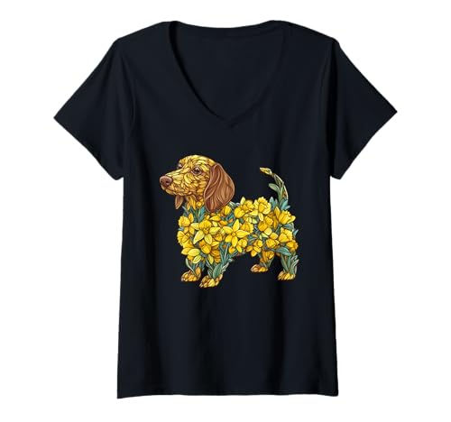 Damen Daffodil Dachshund Dog Flower Gardening Floral T-Shirt mit V-Ausschnitt Damen Daffodil Dachshund Dog Flower Gardening Floral T-Shirt mit V-Ausschnitt von Daffodil Dogs Lover Flower Gardening Apparel