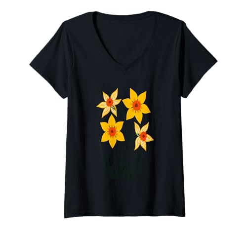 Damen Narzissen A Touch Of Retro Sunshine 2 T-Shirt mit V-Ausschnitt von Daffodil Flower Gifts And Narcissus Tees by taiche