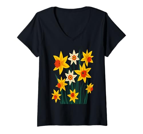 Damen Narzissen ein Hauch von Retro-Sonnenschein T-Shirt mit V-Ausschnitt von Daffodil Flower Gifts And Narcissus Tees by taiche