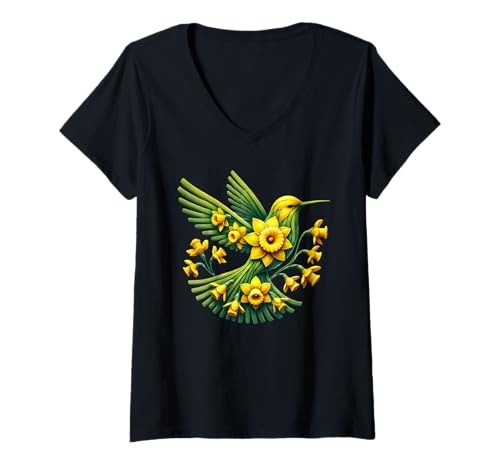 Damen Daffodil Hummingbird Flower Gardening Floral T-Shirt mit V-Ausschnitt Damen Daffodil Hummingbird Flower Gardening Floral T-Shirt mit V-Ausschnitt von Daffodil Hummingbirds Flower Gardening Apparel