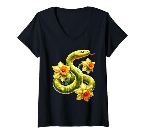 Damen Daffodil Snake Flower Gardening Floral T-Shirt mit V-Ausschnitt von Daffodil Snakes Lover Flower Gardening Apparel