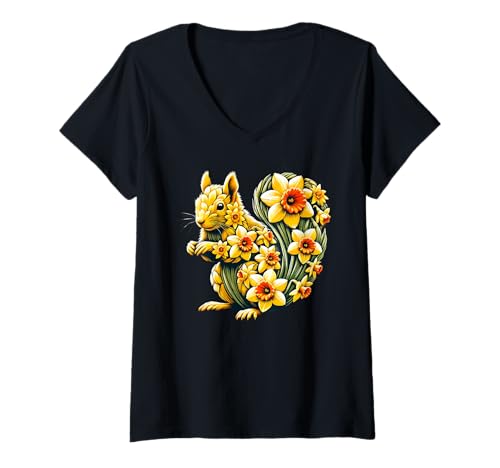 Damen Daffodil Squirrel Flower Gardening Floral T-Shirt mit V-Ausschnitt Damen Daffodil Squirrel Flower Gardening Floral T-Shirt mit V-Ausschnitt von Daffodil Squirrels Lover Flower Gardening Apparel