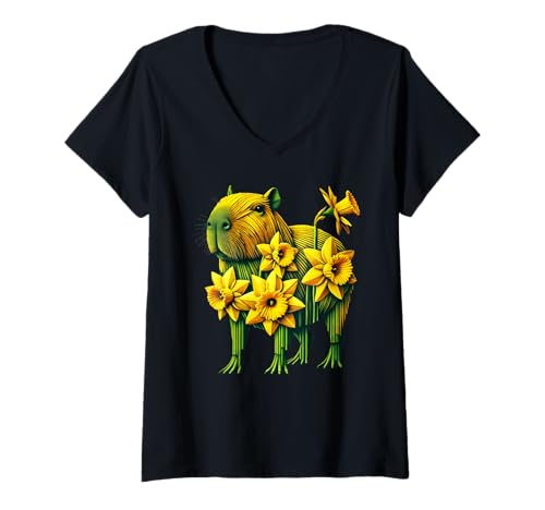 Damen Daffodil Capybara Flower Gardening Floral T-Shirt mit V-Ausschnitt Damen Daffodil Capybara Flower Gardening Floral T-Shirt mit V-Ausschnitt von Daffodils Capybaras Lover Flower Gardening Apparel