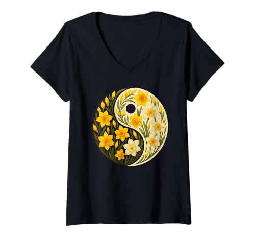 Damen Daffodil Yin Yang Flower T-Shirt mit V-Ausschnitt Damen Daffodil Yin Yang Flower T-Shirt mit V-Ausschnitt von Daffodils Yin Yang Flower Gardening Apparel