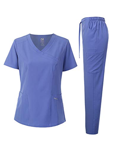 Dagacci Medical Uniform Damen Scrub Set 4-Wege-Stretch Y-Neck Stitch Tape Top und Hose - Blau - Groß von Dagacci Medical Uniform