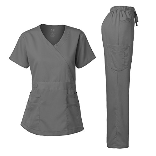 Dagacci Medical Uniform Damen Scrub Set Stretch Kontrast-Bindung Top und Hose - Grau - X-Groß von Dagacci Medical Uniform