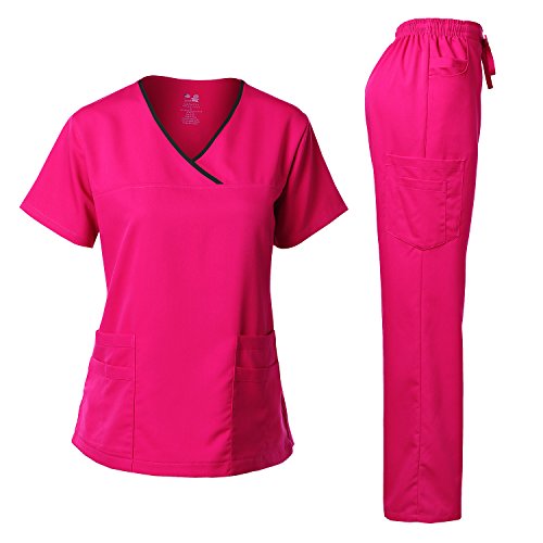 Dagacci Medical Uniform Damen Scrub Set Stretch Kontrast-Bindung Top und Hose - Pink - Klein von Dagacci Medical Uniform