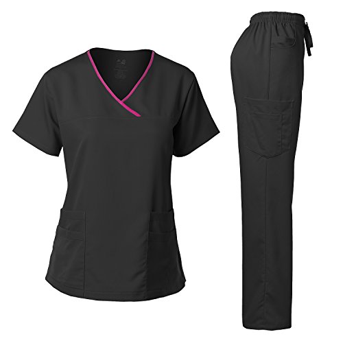 Dagacci Medical Uniform Damen Scrub Set Stretch Kontrast-Bindung Top und Hose - Schwarz - Klein von Dagacci Medical Uniform