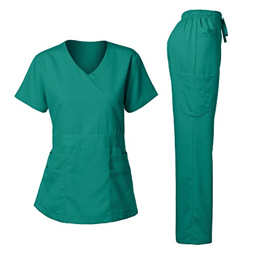 Dagacci Medical Uniform Damen Scrub Set Stretch & Soft Y-Neck Top & Hose - Grün - Klein von Dagacci Medical Uniform