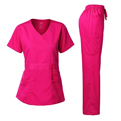 Dagacci Medical Uniform Damen Scrub Set Stretch und Soft Y-Neck Top und Hose - Pink - X-Klein von Dagacci Medical Uniform