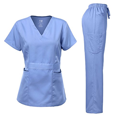 Dagacci Medical Uniform Damen Scrubs Set Stretch Ultra Soft Kontrasttasche - Blau - Klein von Dagacci Medical Uniform