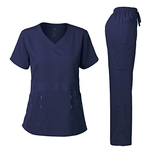 Dagacci Medical Uniform Natural Stretch Premium Damen Schlupfkasack, Stretch, ultraweiches Oberteil und Hose, Marineblau, Large von Dagacci Medical Uniform