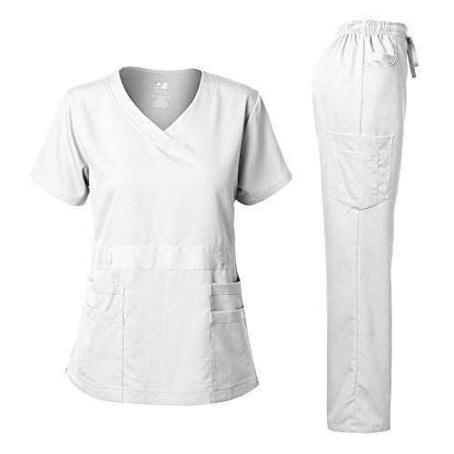 Dagacci Medical Uniform Natural Stretch Premium Damen Scrubs Set Stretch Ultra Soft Top und Hose - Weiß - Groß von Dagacci Medical Uniform