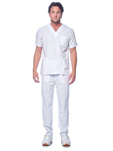 Dagacci Medical Uniform Unisex Damen Herren V-Ausschnitt Super Stretch Scrub Set, Weiß, X-Groß von Dagacci Medical Uniform