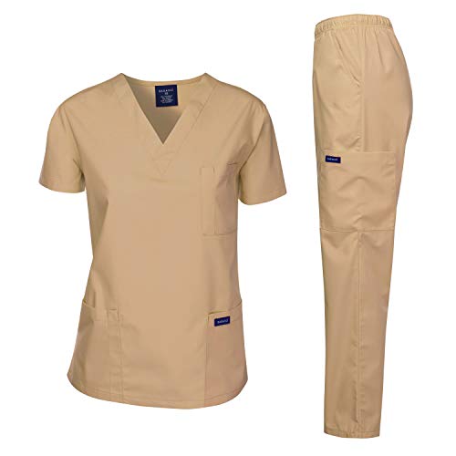 Dagacci Scrubs Medizinische Uniform Damen und Herren Schlupfkasack Set Medizinische Schlupfkasack Top und Hose, Khaki, Klein von Dagacci Medical Uniform