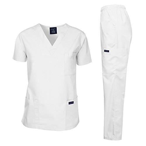 Dagacci Scrubs Medizinische Uniform Damen und Herren Schlupfkasack Set Medizinische Schlupfkasack Top und Hose, Weiss/opulenter Garten, Klein von Dagacci Medical Uniform