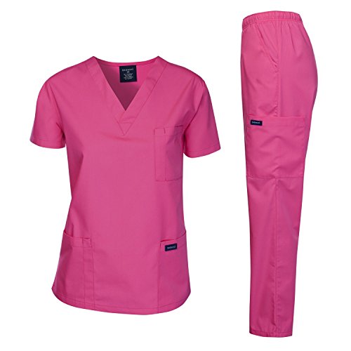 Dagacci Scrubs Medizinische Uniform Damen und Herren Scrubs Set Medizinische Kittel Top und Hose, Knallpink (Hot Pink), XL von Dagacci Medical Uniform