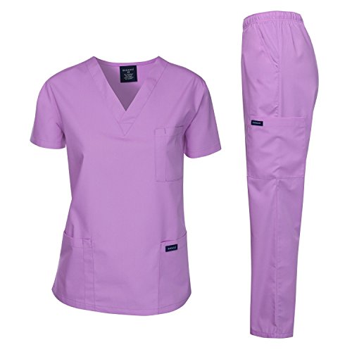 Dagacci Scrubs Medizinische Uniform Damen und Herren Scrubs Set Medizinische Kittel Top und Hose, Lavendel, Klein von Dagacci Medical Uniform