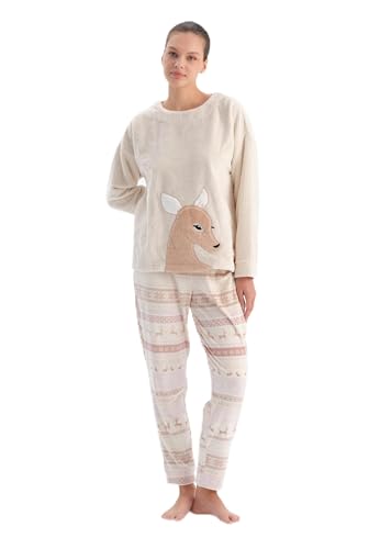 Dagi Damen Deer Patterned Printed Pajama Set, Ecru, S EU Dagi Damen Deer Patterned Printed Pajama Set, Ecru, S EU von Dagi