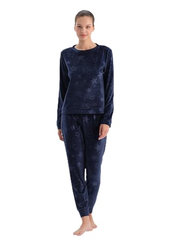 Dagi Damen Emboss Star Printed T-Shirt Trousers Pajama Set, Navy, XL EU von Dagi