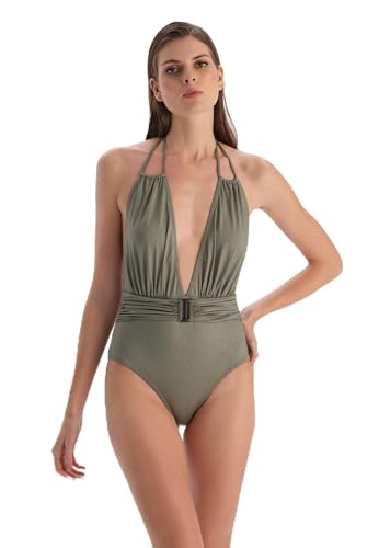 Dagi Damen Khaki Fashion Knitted Non-wired Halterneck Removable Padding Fixed Strap One Piece Swimsuit, Khaki, 42 EU von Dagi