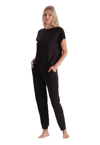 Dagi Damen Low Sleeve Combed Modal T-Shirt Trousers Pajama Set, Dark Brown, S EU von Dagi