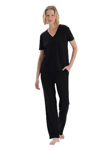 Dagi Damen Short Sleeve V-Neck Basic Viscose T-Shirt Pants Pajama Set, Schwarz, XL EU von Dagi